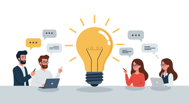 Flat 2D vector illustration of diverse business team brainstorming ideas around a big lightbulb in modern office, minimal background, clean composition
