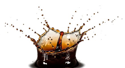 Dramatic coffee splash with droplets suspended in midair, isolated on white background for a dynamic effect