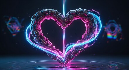 Heart shape made of coffee beans with neon light, a symbol of love and passion for coffee