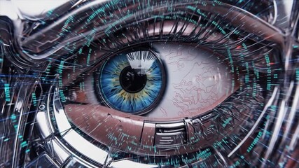 A closeup of a cyborg eye with blue iris and metallic surroundings interlaced with digital lines - Powered by Adobe