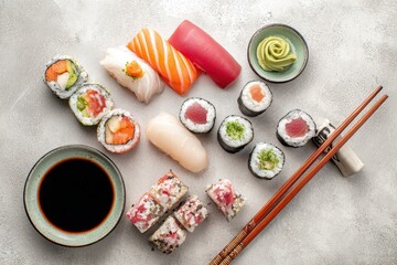 Exquisite Sushi Platter - Overhead View of Fresh Rolls, Nigiri, and Wasabi with Chopsticks.