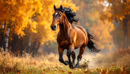 Obraz premium A majestic brown horse gallops through a golden autumnal forest, its mane flowing freely in the breeze.