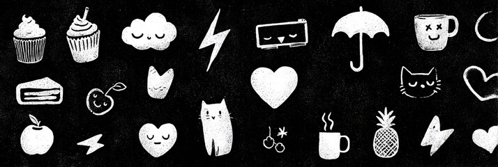 Various White Hand Drawn Icons on Black Background Illustrating Cloud Cake Apple Pineapple and Other Objects