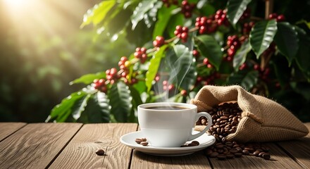 Hot coffee cup and roasted beans on a wooden table with coffee plant background