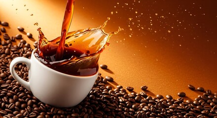Coffee splash in a white cup with coffee beans on a brown background with splash
