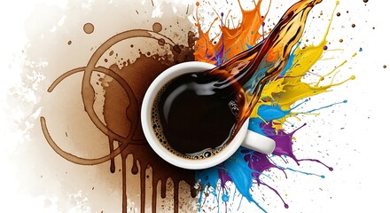 Coffee cup with colorful paint splash and coffee stain rings isolated on white background
