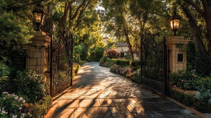 Inviting Grand Estate Entrance with Ornate Gate, Lit Lanterns, and Dappled Golden Light on Winding Driveway.
