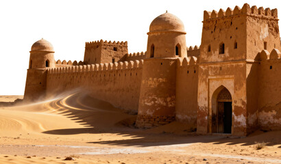 Ancient desert fortress with domes and walls against a vivid orange sky, sand blowing, transparent background png