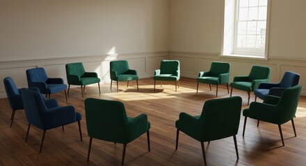 A circle of green armchairs arranged in a bright meeting room