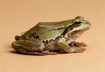 Obraz premium Green and brown frog sitting peacefully on a simple studio background