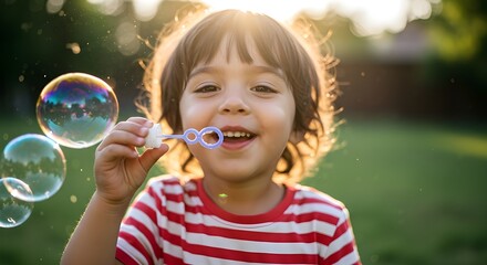 Child blowing soap bubbles under sunlight, playful outdoor moment, joy, innocence and creativity