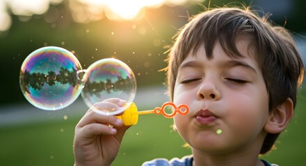 Child blowing soap bubbles under sunlight, playful outdoor moment, joy, innocence and creativity