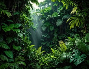 Lush Green Jungle Canopy with Sunbeams Streaming Through.