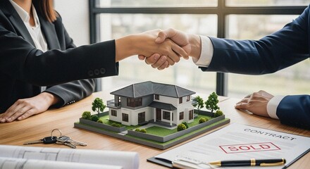 Real Estate Deal Handshake Over House Model, Contract, and Keys on Office Desk – Home Sale Agreement with Agent and Client Concept