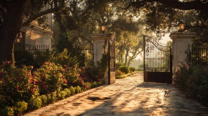 Enchanting Estate Entrance - Sun-Dappled Driveway Leading Through Ornate Gates to Lush Gardens.
