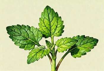 Vibrant botanical illustration of a fresh green leafy plant with stems