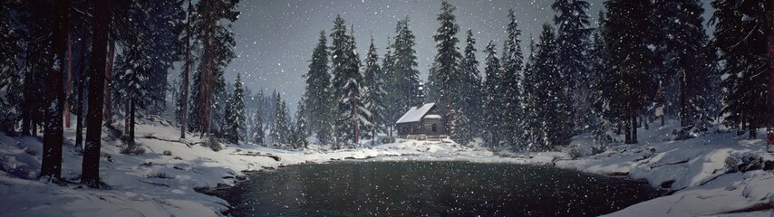 Snowy forest landscape with cabin and pond under overcast sky