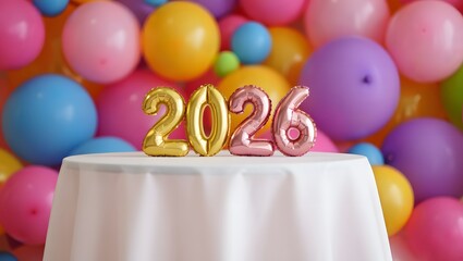 Colorful 2026 balloons on table, isolated on white background