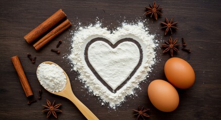 A heart shape made from flour on a dark wooden surface