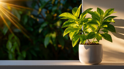 Fototapeta premium Sunlit Serenity: A vibrant houseplant flourishes in a clean white pot, bathed in the warm, golden glow of the sun. This scene captures a moment of tranquility.