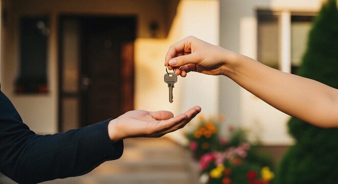 Hands Exchanging Keys in Front of Apartment Entrance Symbolizing Home Ownership – Warm Daylight Scene with Blurred Garden and Natural Light - Powered by Adobe