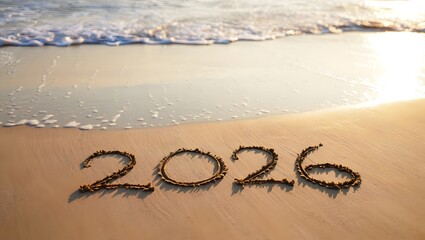 2026 written on sandy beach with ocean waves