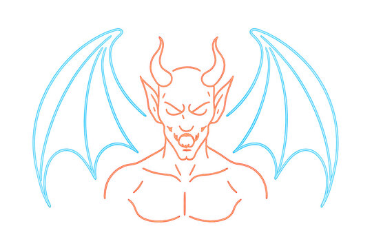 Devil demon head with glowing neon horns and wings
