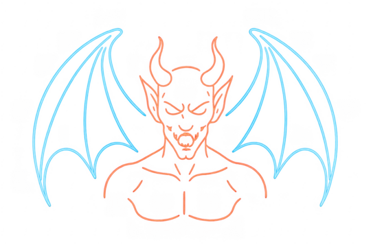 Devil demon head with glowing neon horns and wings
