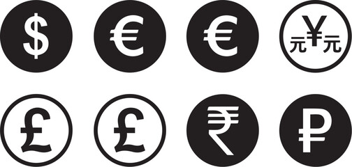 Minimalist currency icon set – black-and-white silhouettes of global money symbols including dollar, euro, pound, rupee, yuan, and ruble for finance, trade, and economic design.