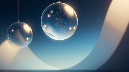 宙に浮かぶ透明なガラスオーナメントの幻想空間