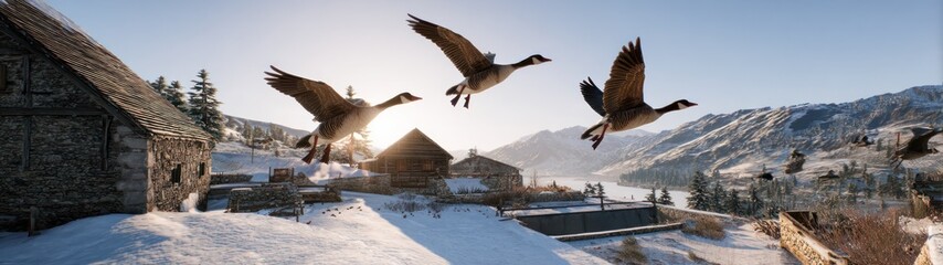 Geese in flight over snowy landscape with buildings and mountains in background