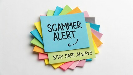 A stack of colorful sticky notes with scam alert message