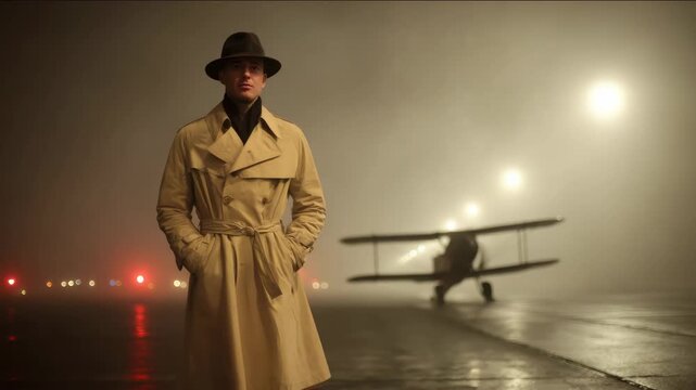 In a scene reminiscent of a classic film, a man in a trench coat and fedora stands confidently near a biplane, shrouded in atmospheric fog, evoking a sense of mystery and adventure.