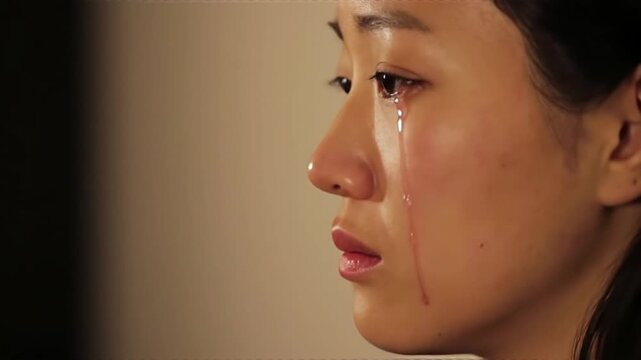 Emotional close-up of a distressed young East Asian woman crying profusely with tears streaming down her face reflecting profound sadness grief and heartbreak