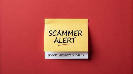 Obraz premium A yellow sticky note with a scam alert message on a red background