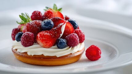 Exquisite Mixed Berry Tartlet with Cream, Mint, and a Fallen Raspberry on a White Plate.