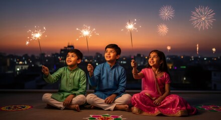 Fototapeta na wymiar Two boys and a girl celebrate Diwali with sparklers and fireworks at sunset. Children's festival joy for holiday advertisement.