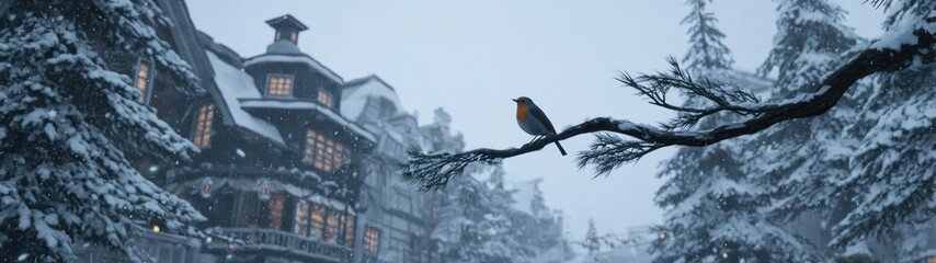 Winter landscape scene with bird on a branch and building