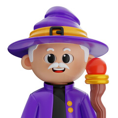Cartoon Wizard With White Hair And Beard Wearing Purple Hat And Robe Holding Red Tipped Staff On A Transparent Background Rendered In 3D