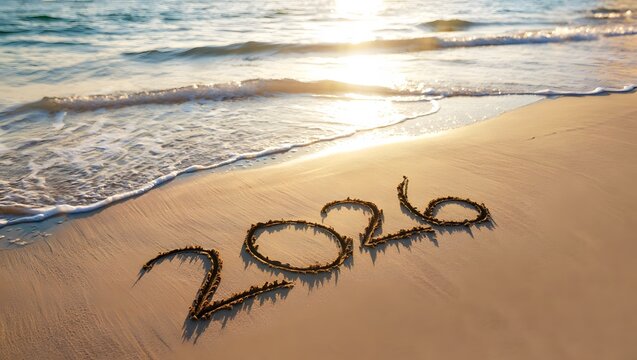 2026 written on sandy beach at sunset
