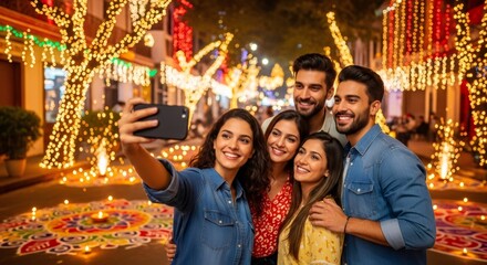 Four young adults taking a selfie during Diwali celebration. Group of friends enjoying festival of lights with traditional decorations and rangoli.