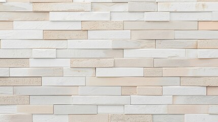 Fototapeta premium Modern minimalist textured wall surface featuring layered rectangular tiles in soft white and beige tones creating a clean geometric architectural pattern
