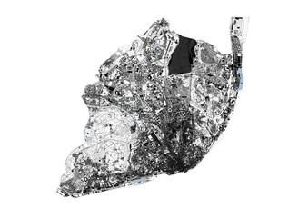 Fototapeta premium A black and white vector map of Lisbon, Portugal, highlighting the city's urban grid, highways, buildings, and waterways.