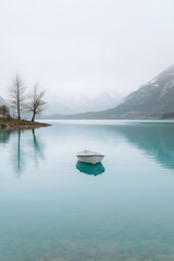 Obraz premium Serene minimalist scene of a lone small boat floating on calm turquoise lake waters with soft fog, distant mountains and bare trees creating peaceful tranquil atmosphere