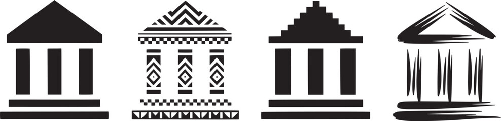 Bank building architecture icons, finance institution glyphs set, various styles
