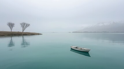 Naklejka premium Serene minimalist scene of a lone small boat floating on calm turquoise lake waters with soft fog, distant mountains and bare trees creating peaceful tranquil atmosphere