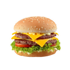 Delicious cheeseburger with two beef patties, fresh lettuce, tomato, and creamy mayonnaise in a sesame seed bun
