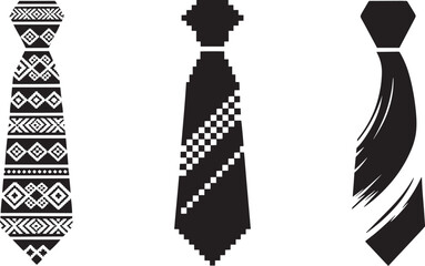Three black white men’s ties on transparent background: patterned, pixelated, and artistic stroke designs