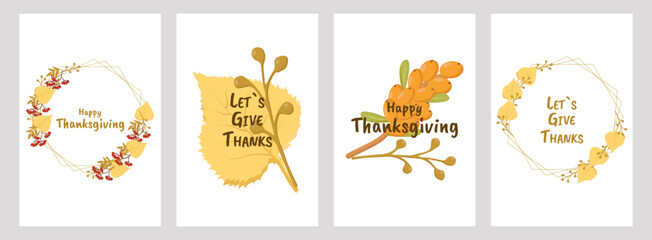 Thanksgiving poster set with festive autumn design. For holiday decoration marketing material social media post and seasonal invitation. Vector illustration