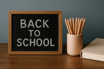 Chalkboard with back to school message beside cup of sharpened pencils and closed textbook on wooden surface